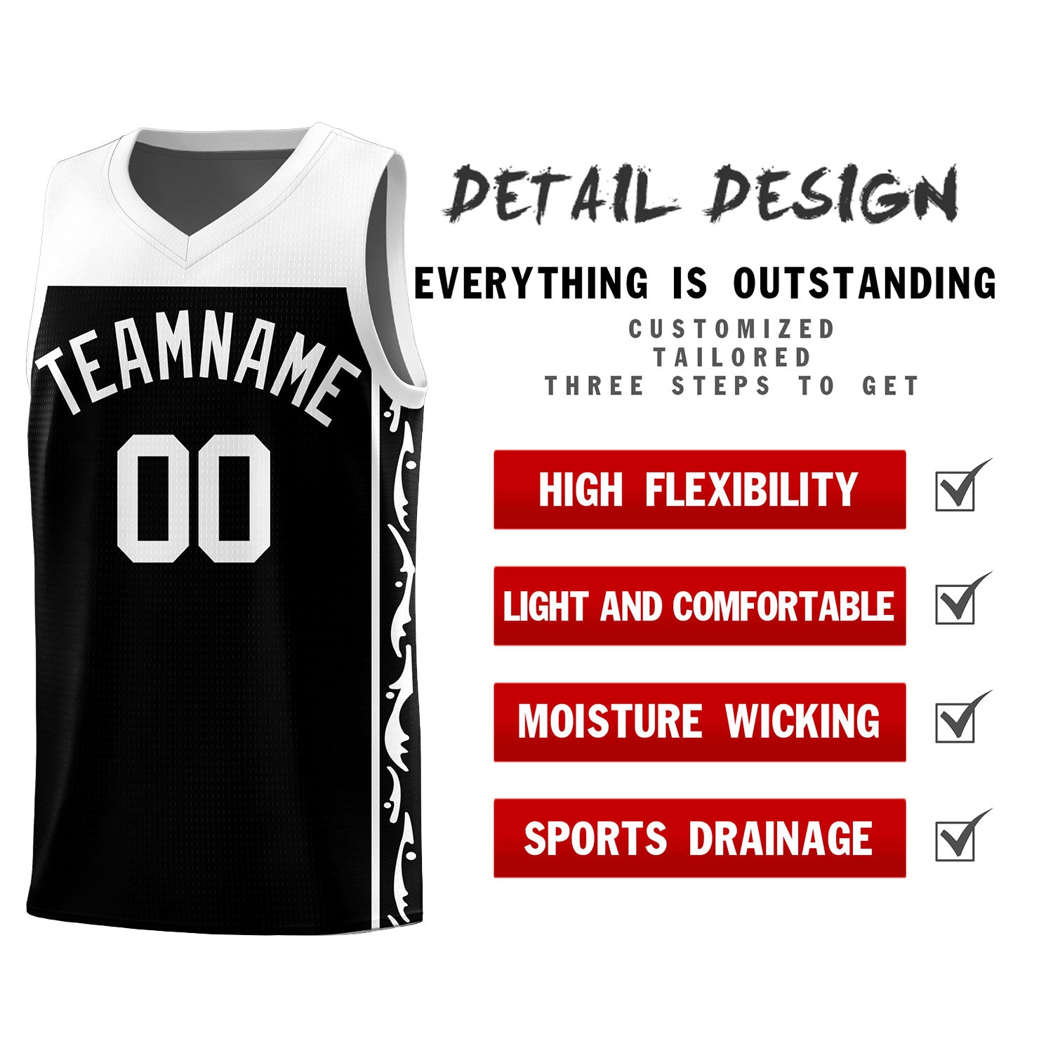 Custom Black Side Pattern Sports Uniform Basketball Jersey