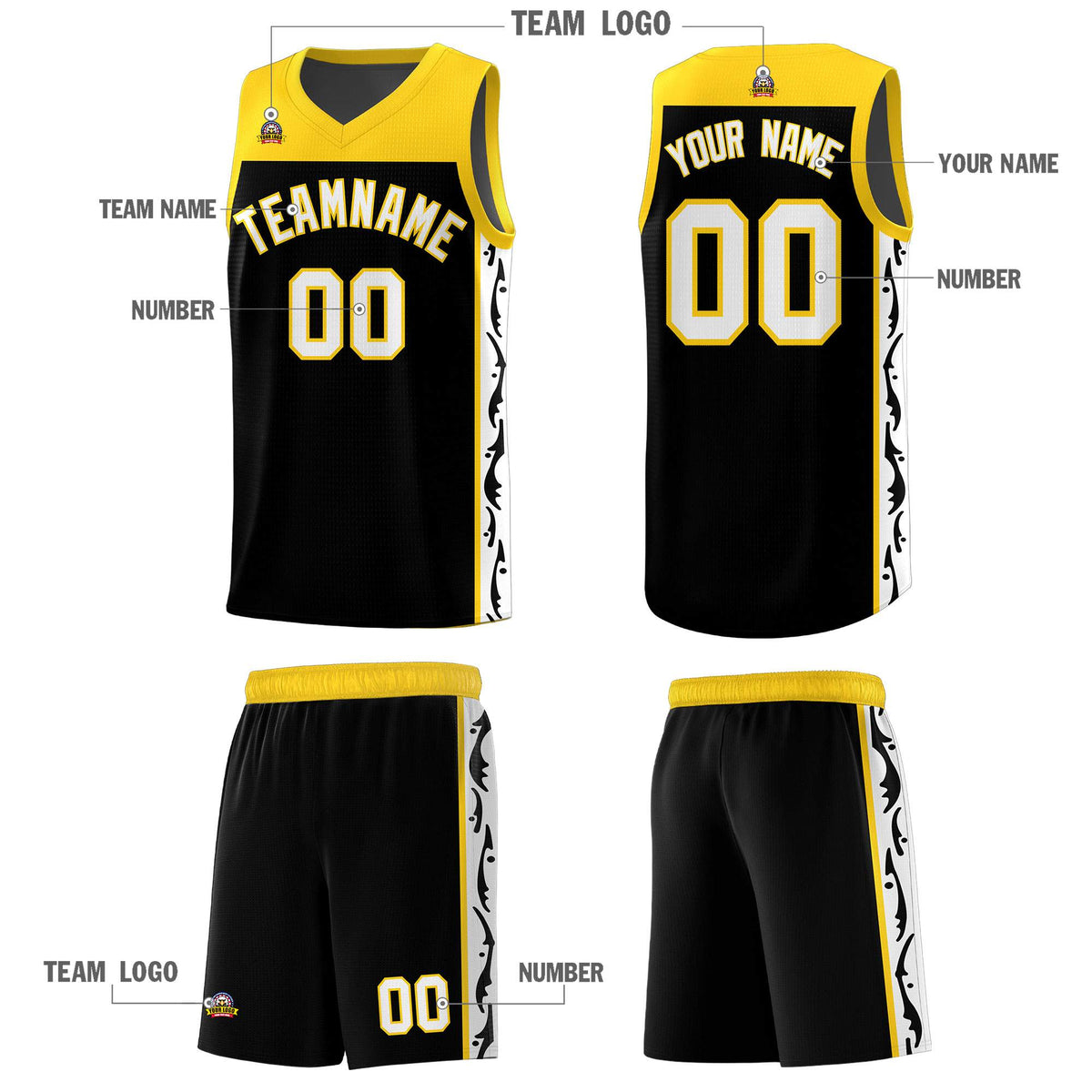 Custom Black Side Pattern Sports Uniform Basketball Jersey