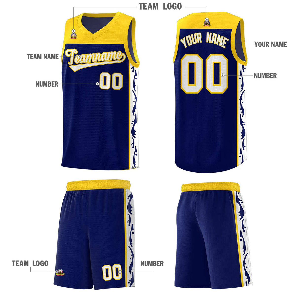 Custom Navy Side Pattern Sports Uniform Basketball Jersey