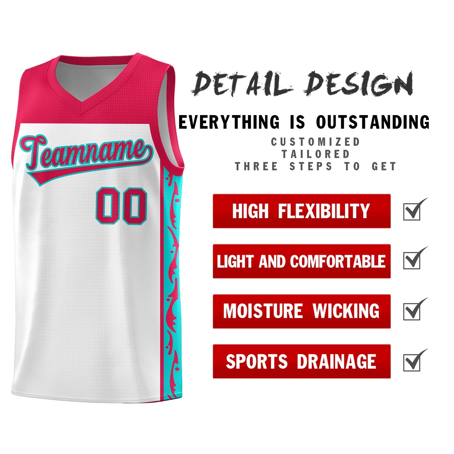 Custom White Side Pattern Sports Uniform Basketball Jersey
