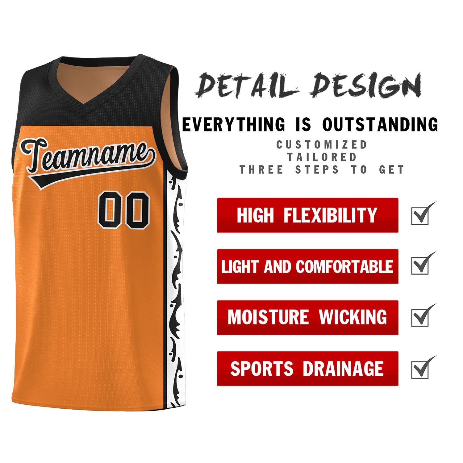 Custom Gold Orange Side Pattern Sports Uniform Basketball Jersey