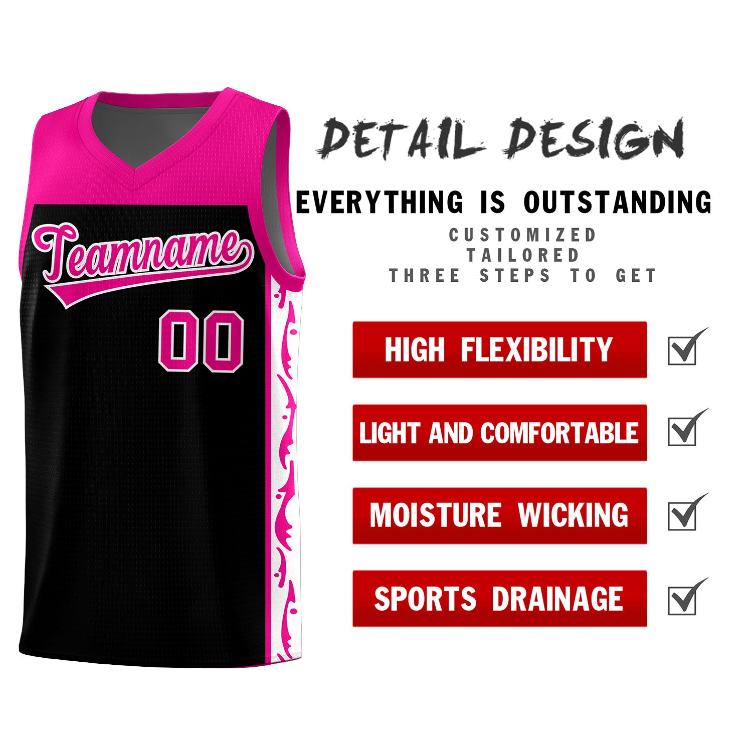 Custom Black Side Pattern Sports Uniform Basketball Jersey