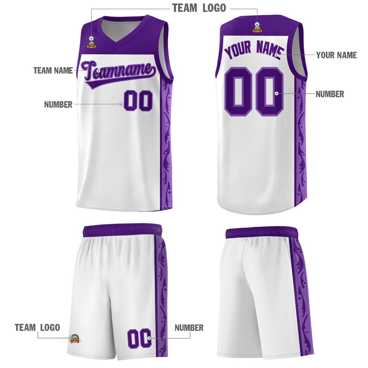 Custom White Side Pattern Sports Uniform Basketball Jersey