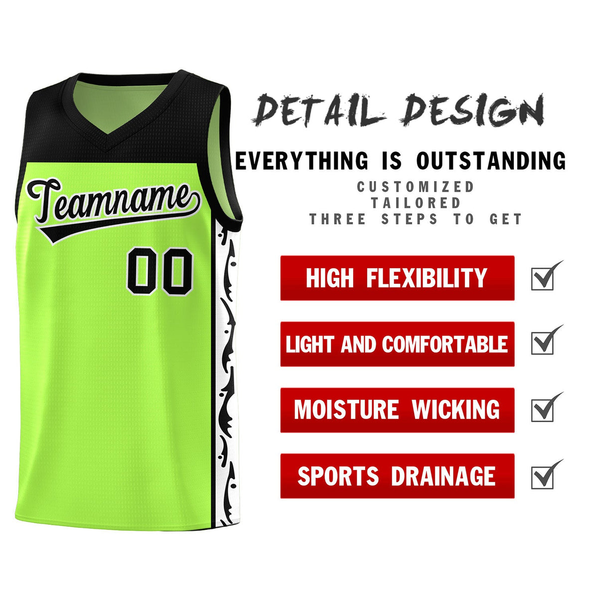 Custom Neon Green Side Pattern Sports Uniform Basketball Jersey