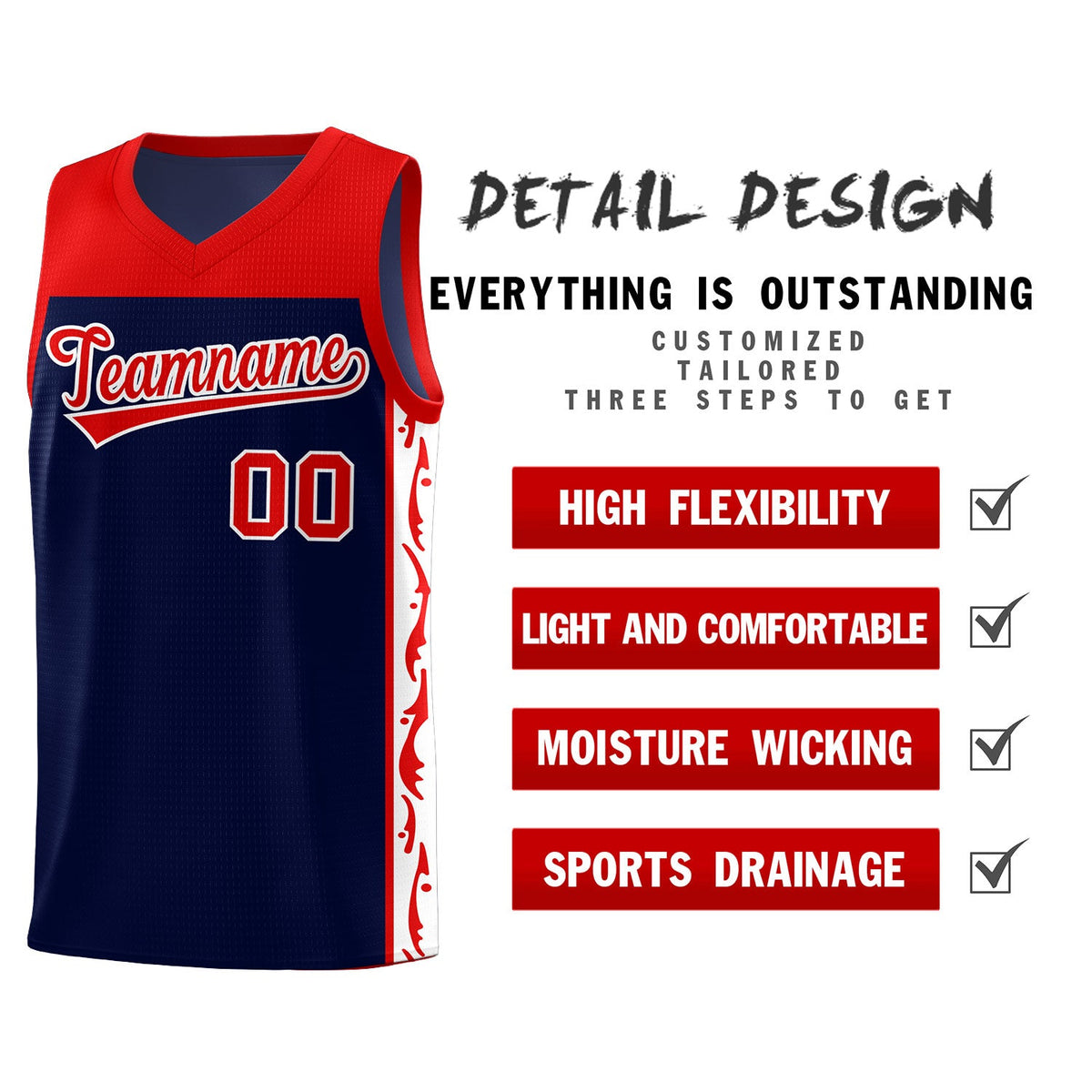 Custom Navy Side Pattern Sports Uniform Basketball Jersey
