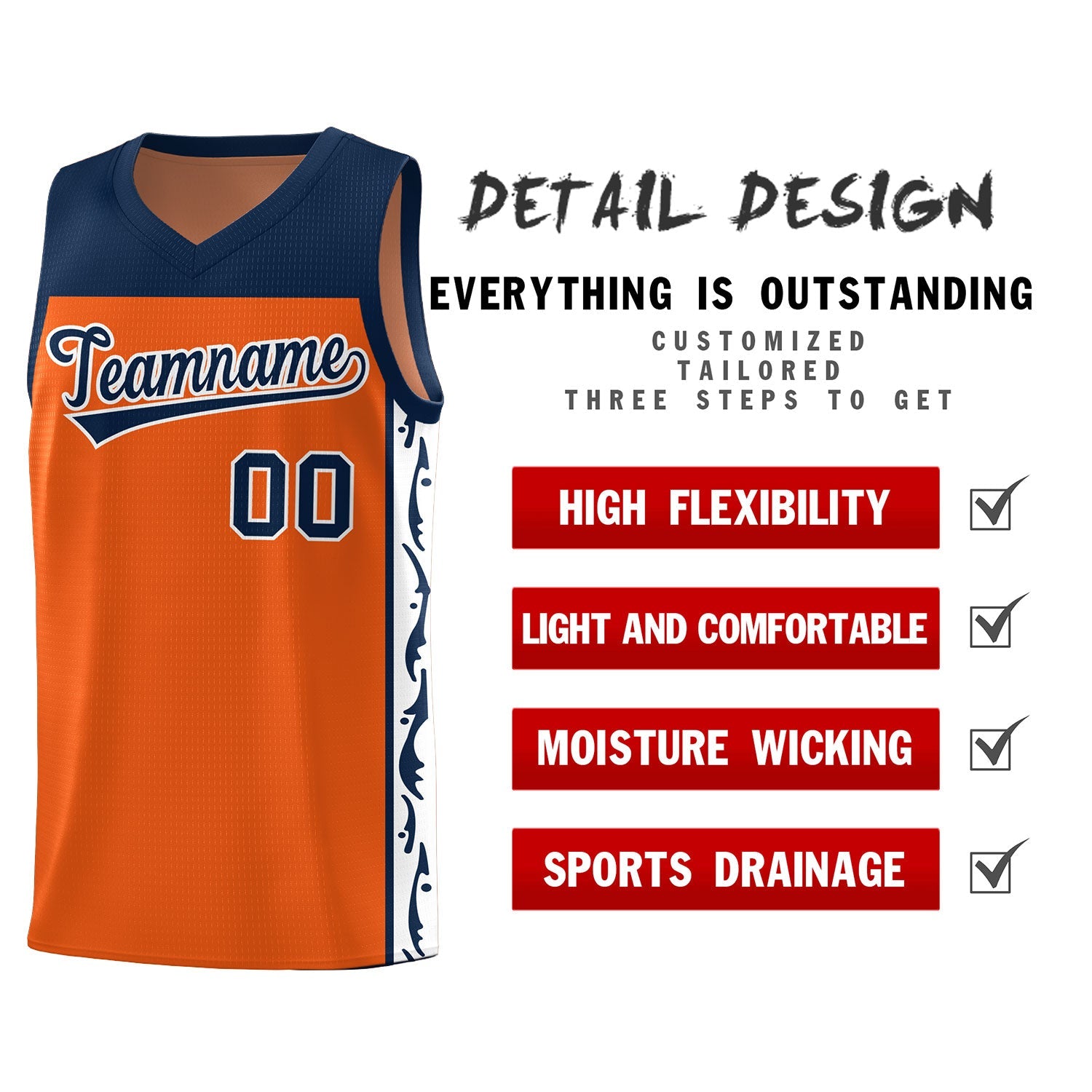 Custom Orange Side Pattern Sports Uniform Basketball Jersey