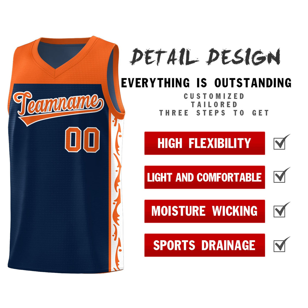 Custom Navy Side Pattern Sports Uniform Basketball Jersey