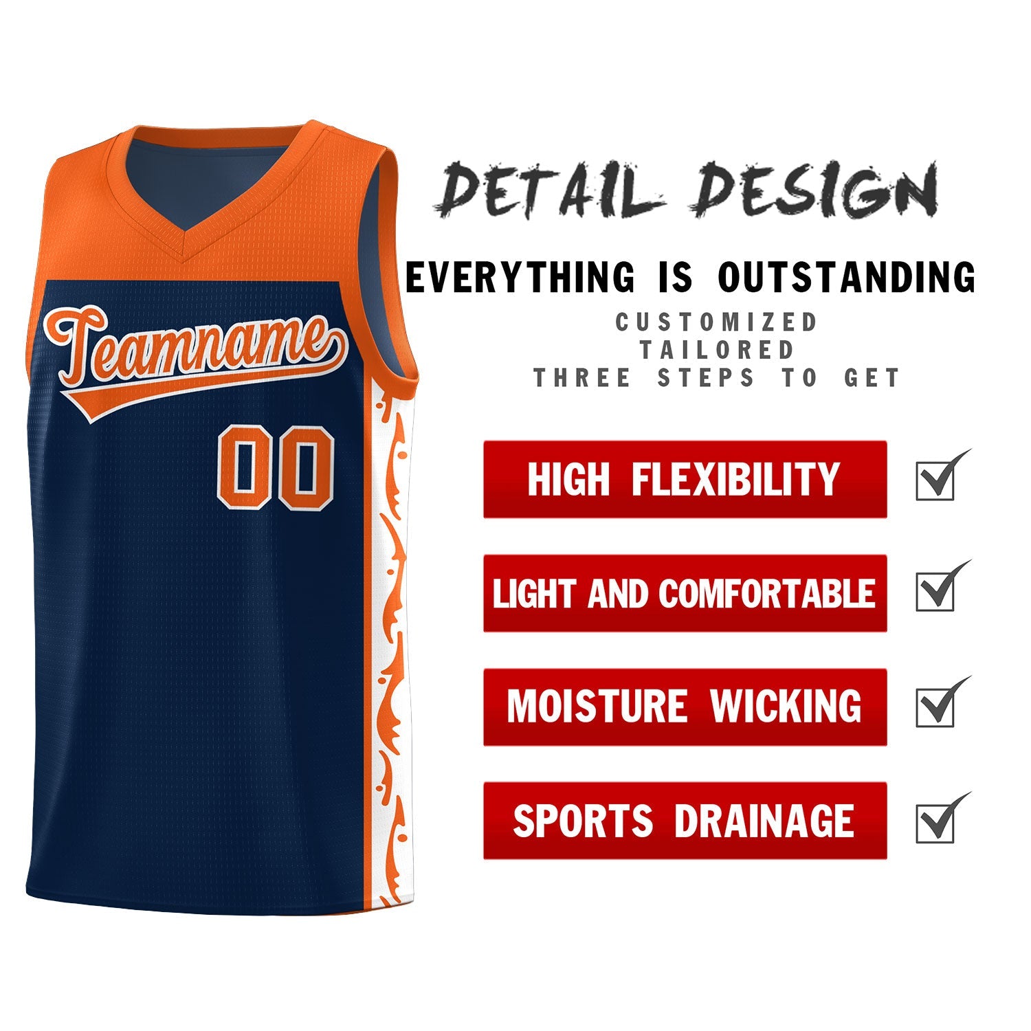 Custom Navy Side Pattern Sports Uniform Basketball Jersey