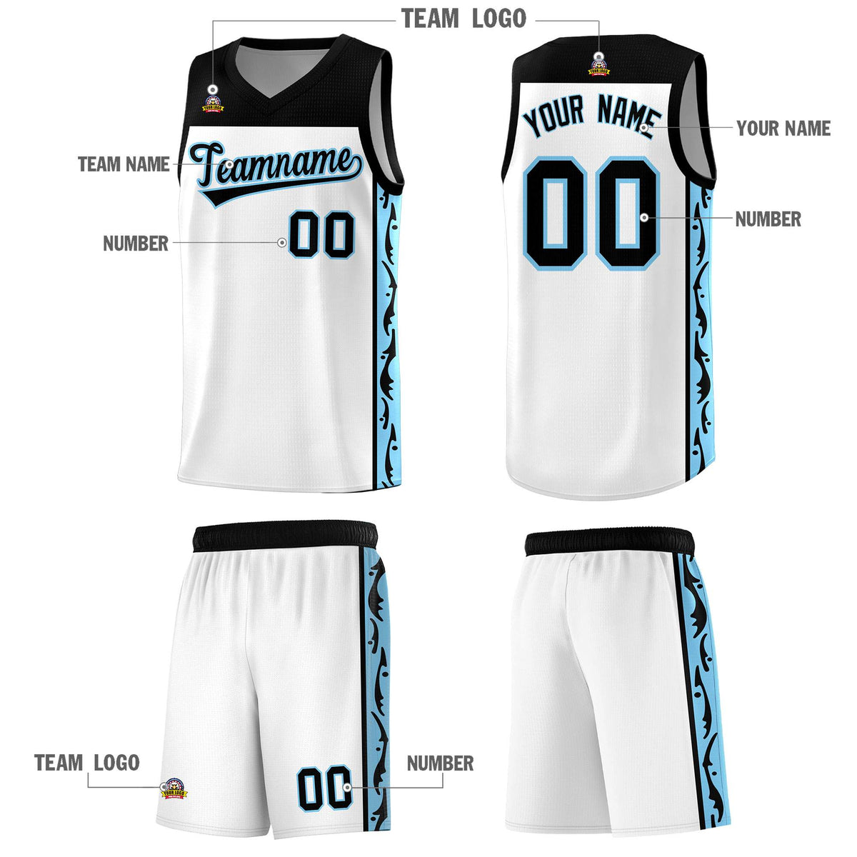 Custom White Side Pattern Sports Uniform Basketball Jersey