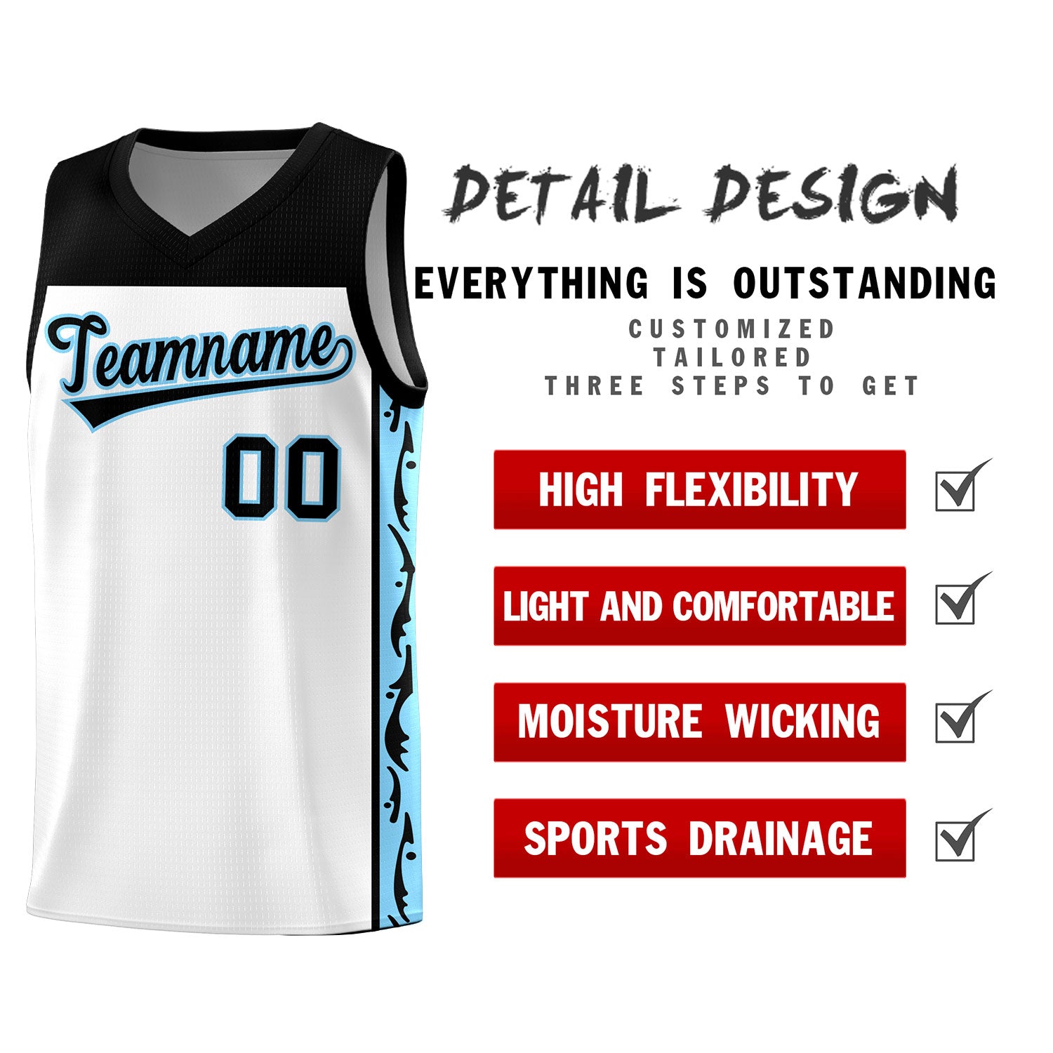 Custom White Side Pattern Sports Uniform Basketball Jersey