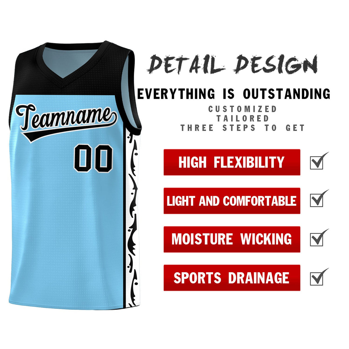 Custom Light Blue Side Pattern Sports Uniform Basketball Jersey