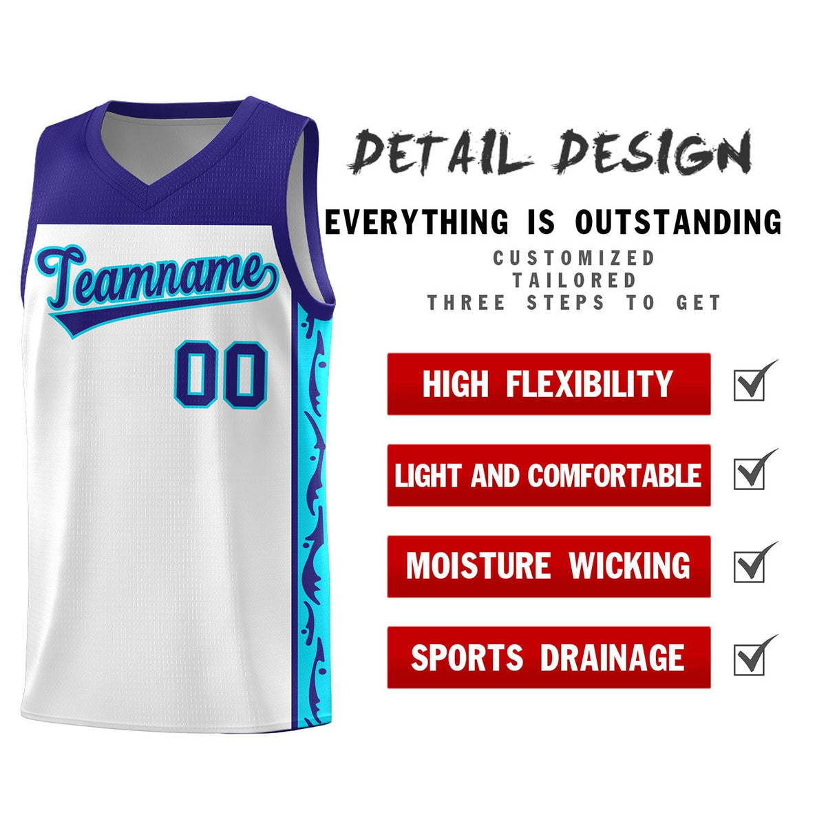 Custom White Side Pattern Sports Uniform Basketball Jersey