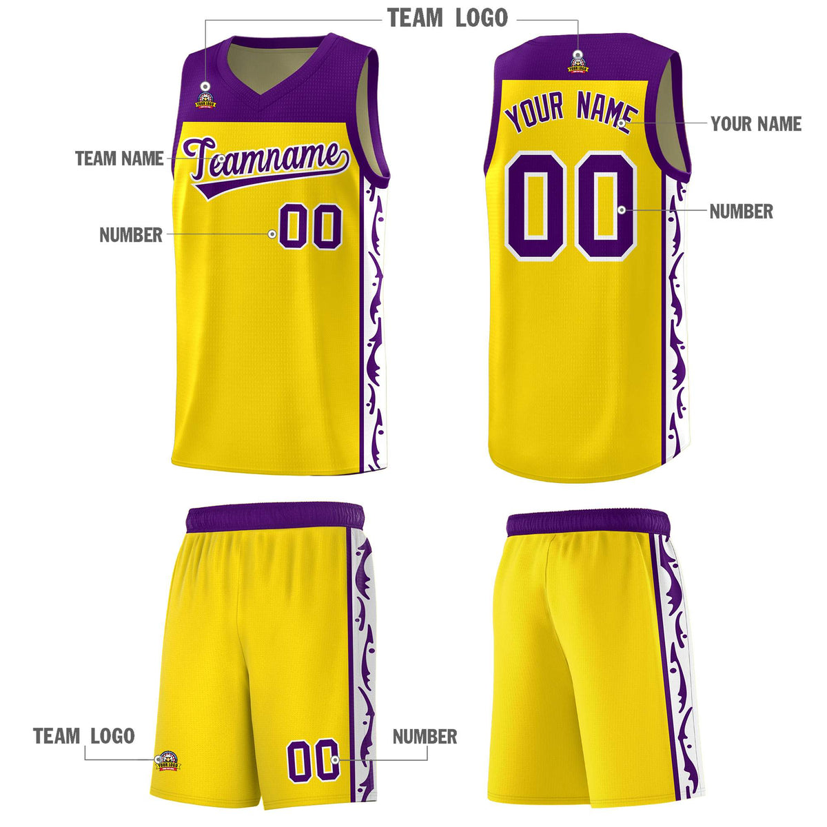 Custom Gold Side Pattern Sports Uniform Basketball Jersey