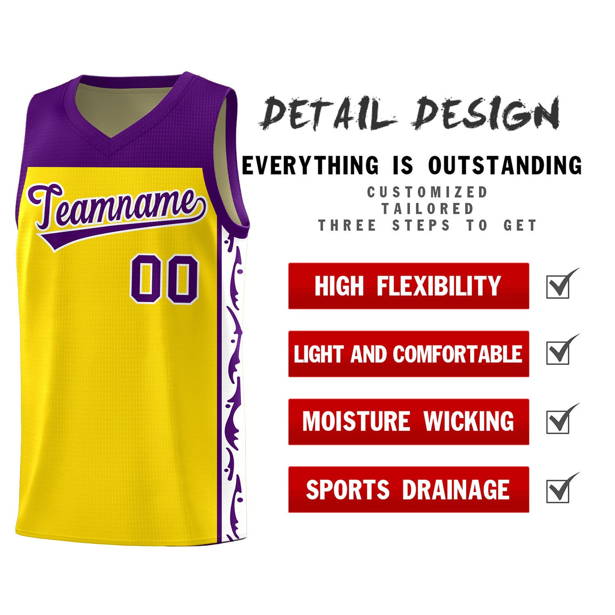 Custom Gold Side Pattern Sports Uniform Basketball Jersey