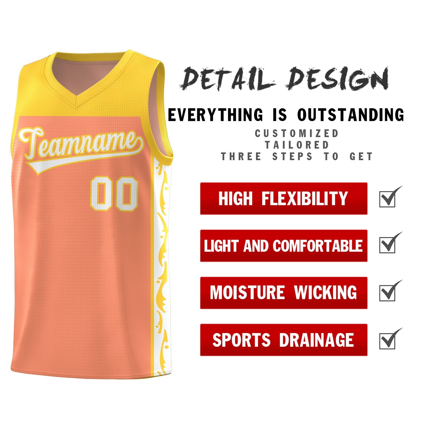 Custom Gold Orange Side Pattern Sports Uniform Basketball Jersey