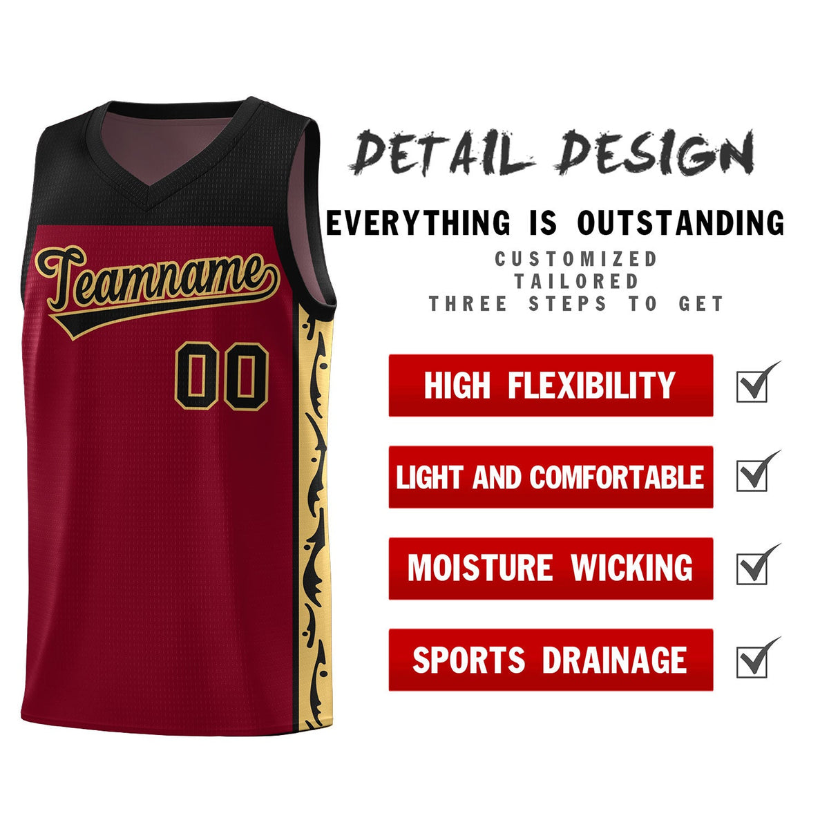 Custom Crimson Side Pattern Sports Uniform Basketball Jersey