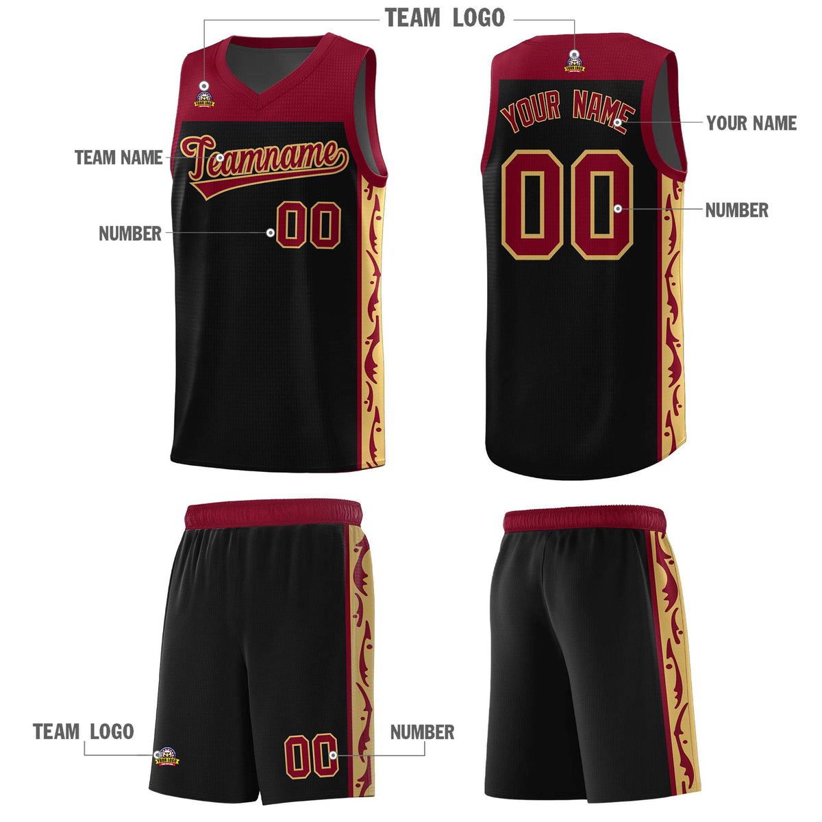 Custom Black Side Pattern Sports Uniform Basketball Jersey