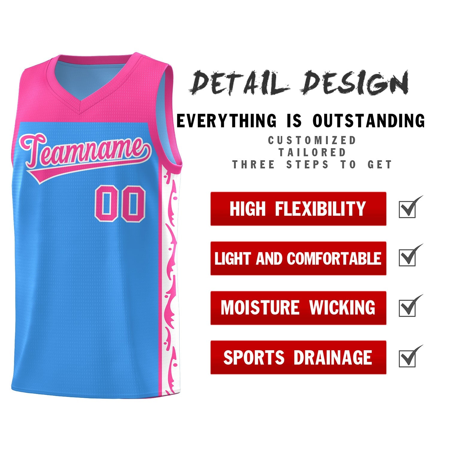 Custom Light Blue Side Pattern Sports Uniform Basketball Jersey