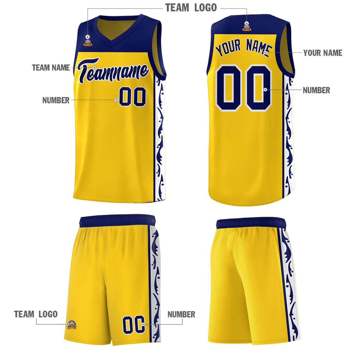 Custom Gold Side Pattern Sports Uniform Basketball Jersey