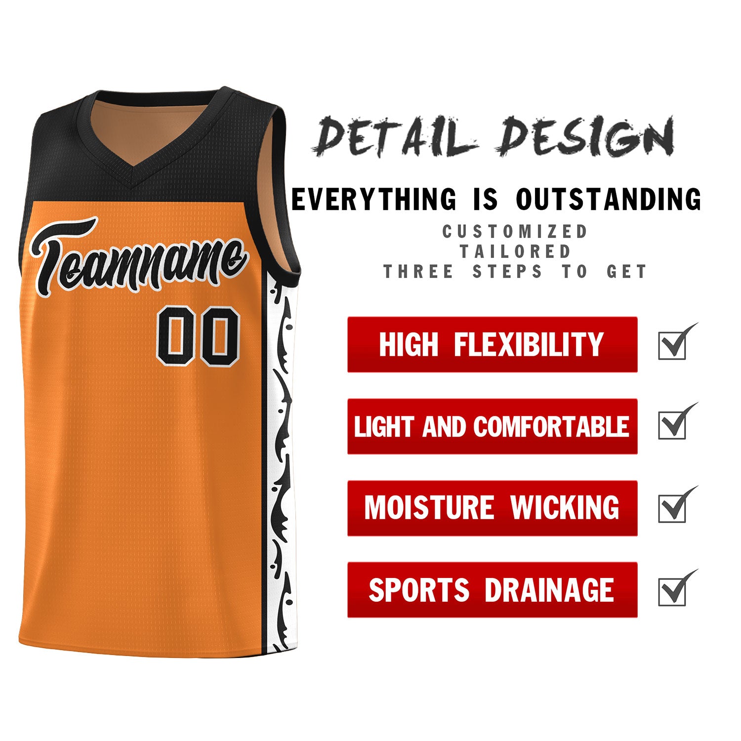 Custom Gold Orange Side Pattern Sports Uniform Basketball Jersey