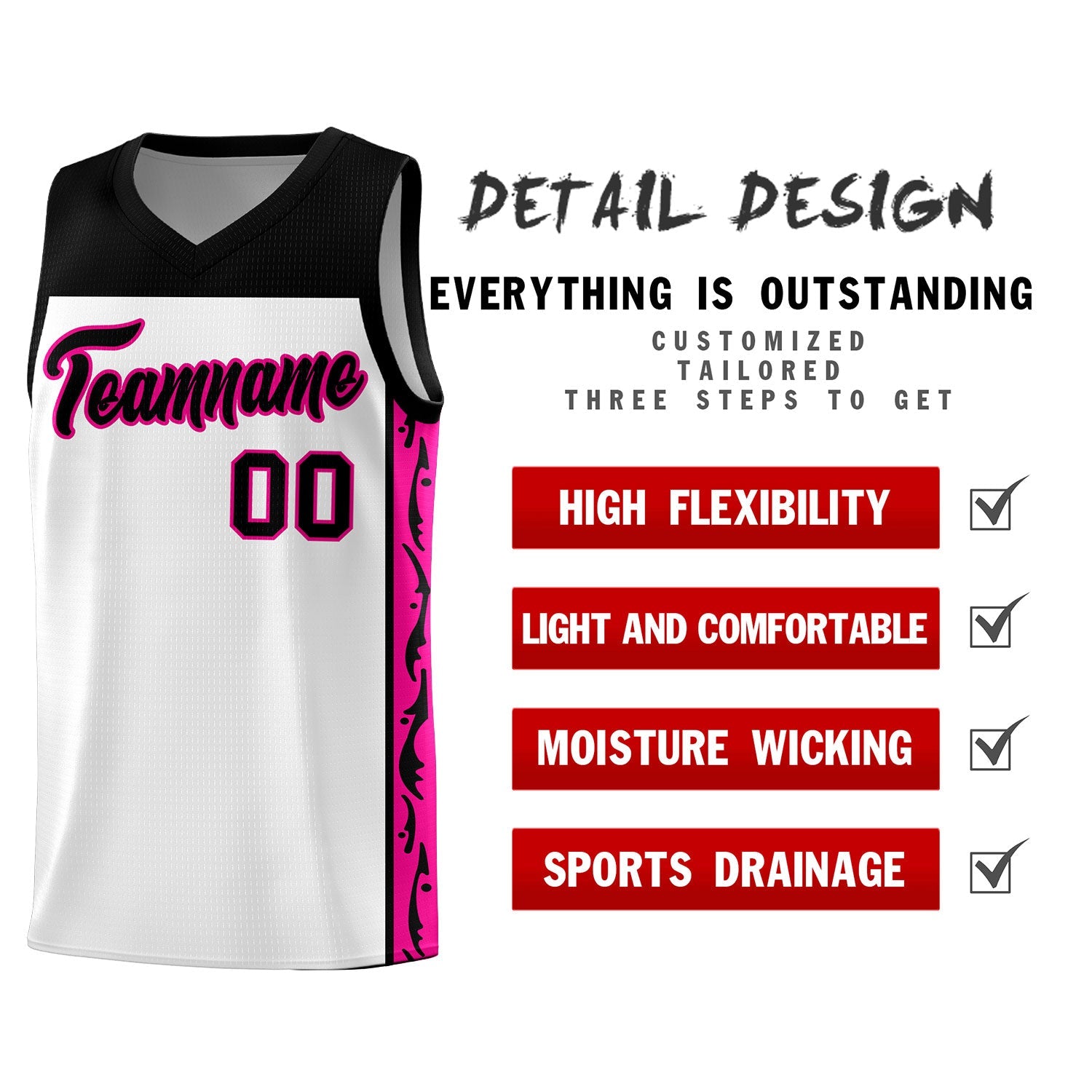 Custom White Side Pattern Sports Uniform Basketball Jersey