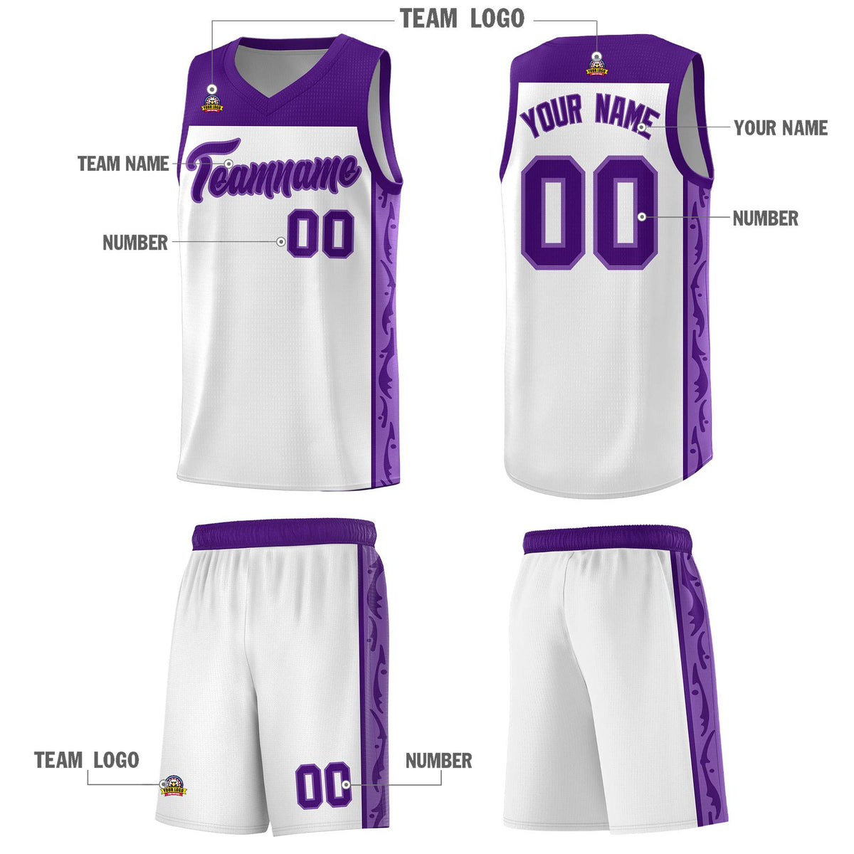 Custom White Side Pattern Sports Uniform Basketball Jersey