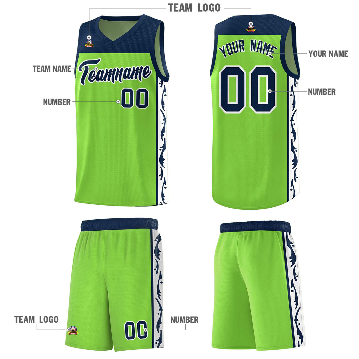 Custom Neon Green Side Pattern Sports Uniform Basketball Jersey