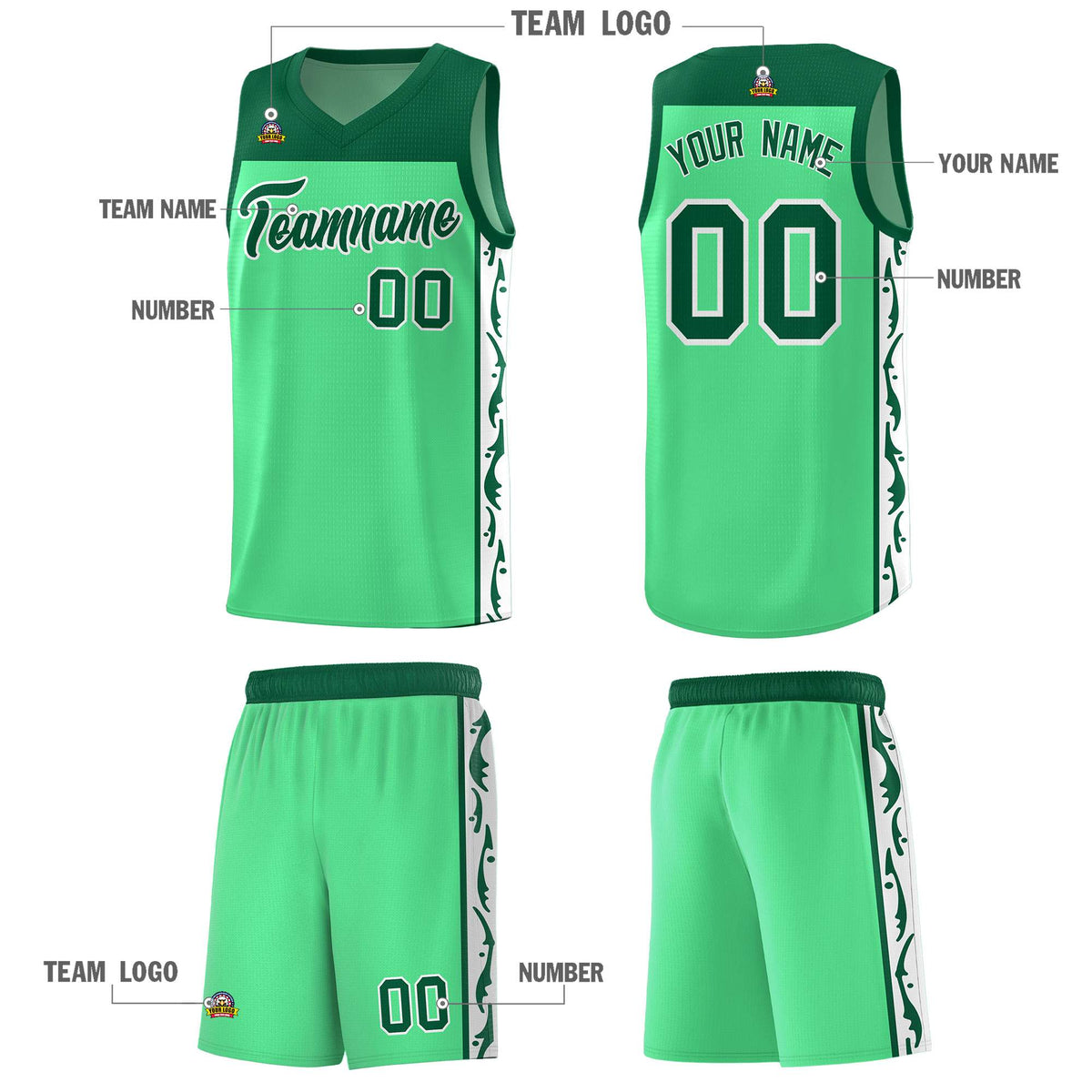 Custom Bright Green Side Pattern Sports Uniform Basketball Jersey