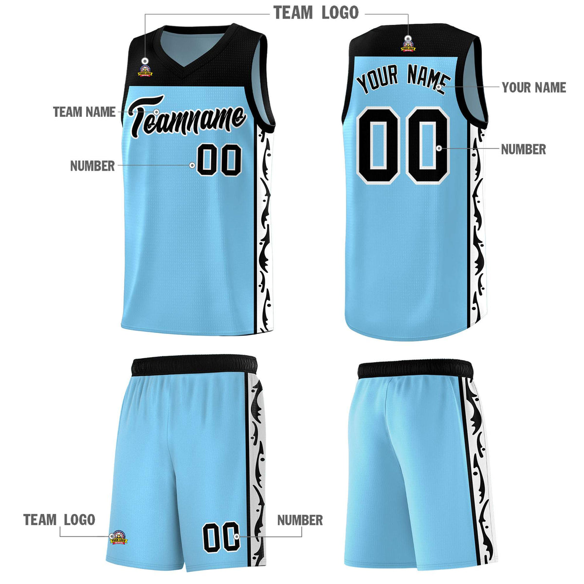 Custom Light Blue Side Pattern Sports Uniform Basketball Jersey