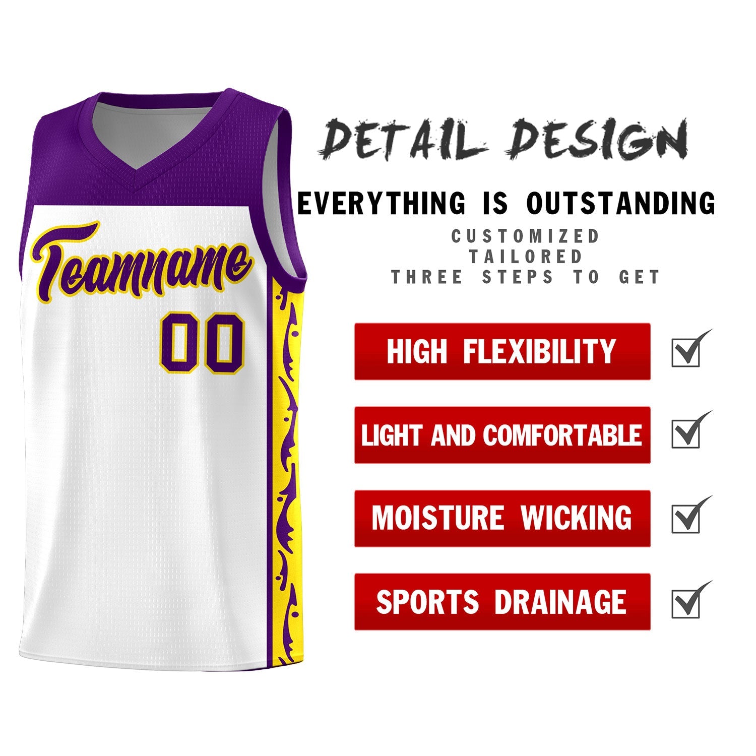 Custom White Side Pattern Sports Uniform Basketball Jersey