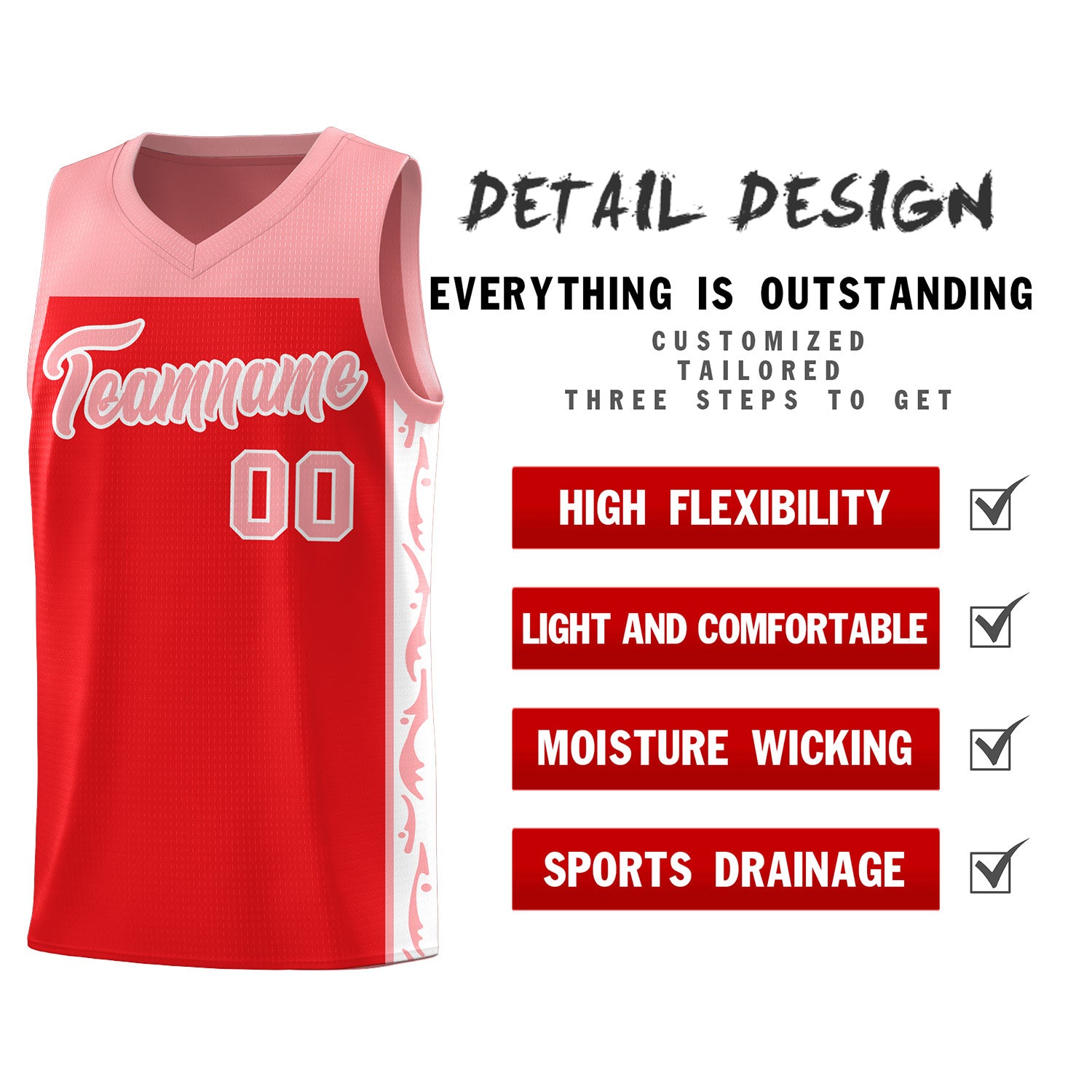 Custom Red Side Pattern Sports Uniform Basketball Jersey