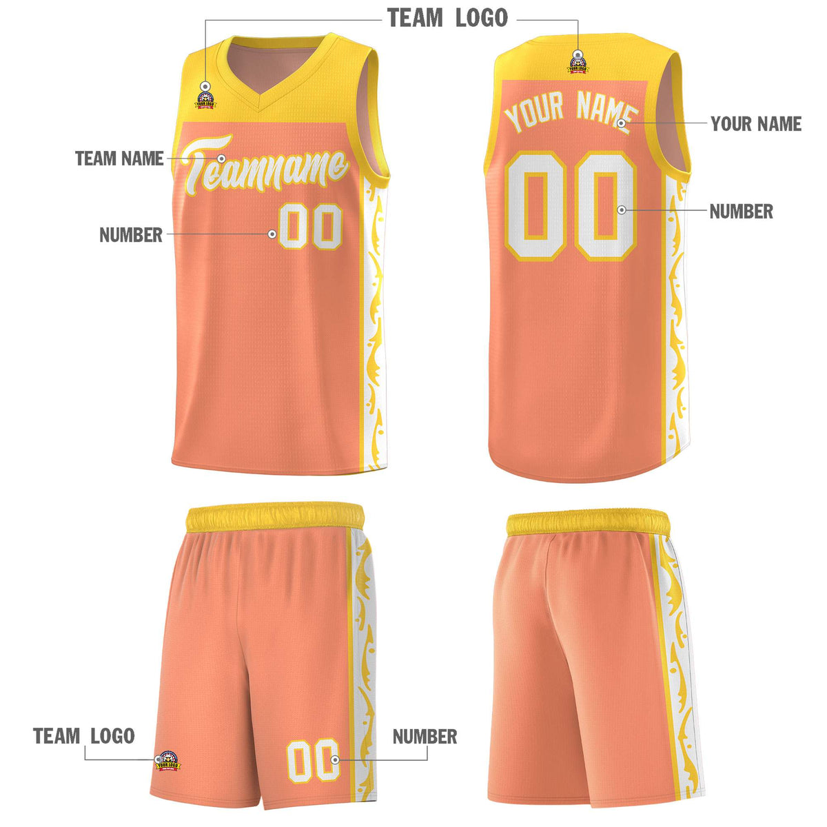 Custom Gold Orange Side Pattern Sports Uniform Basketball Jersey