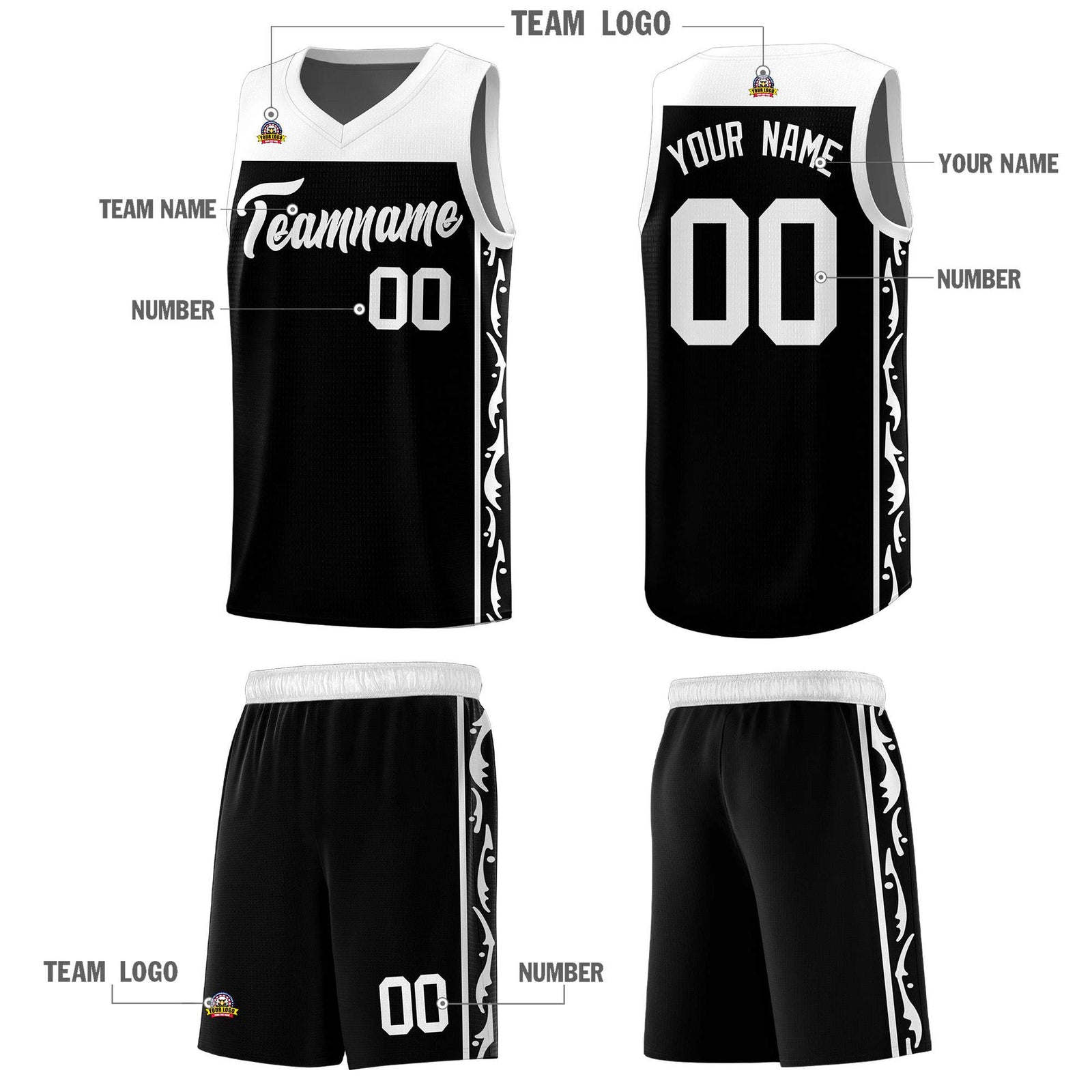 Custom Black Side Pattern Sports Uniform Basketball Jersey