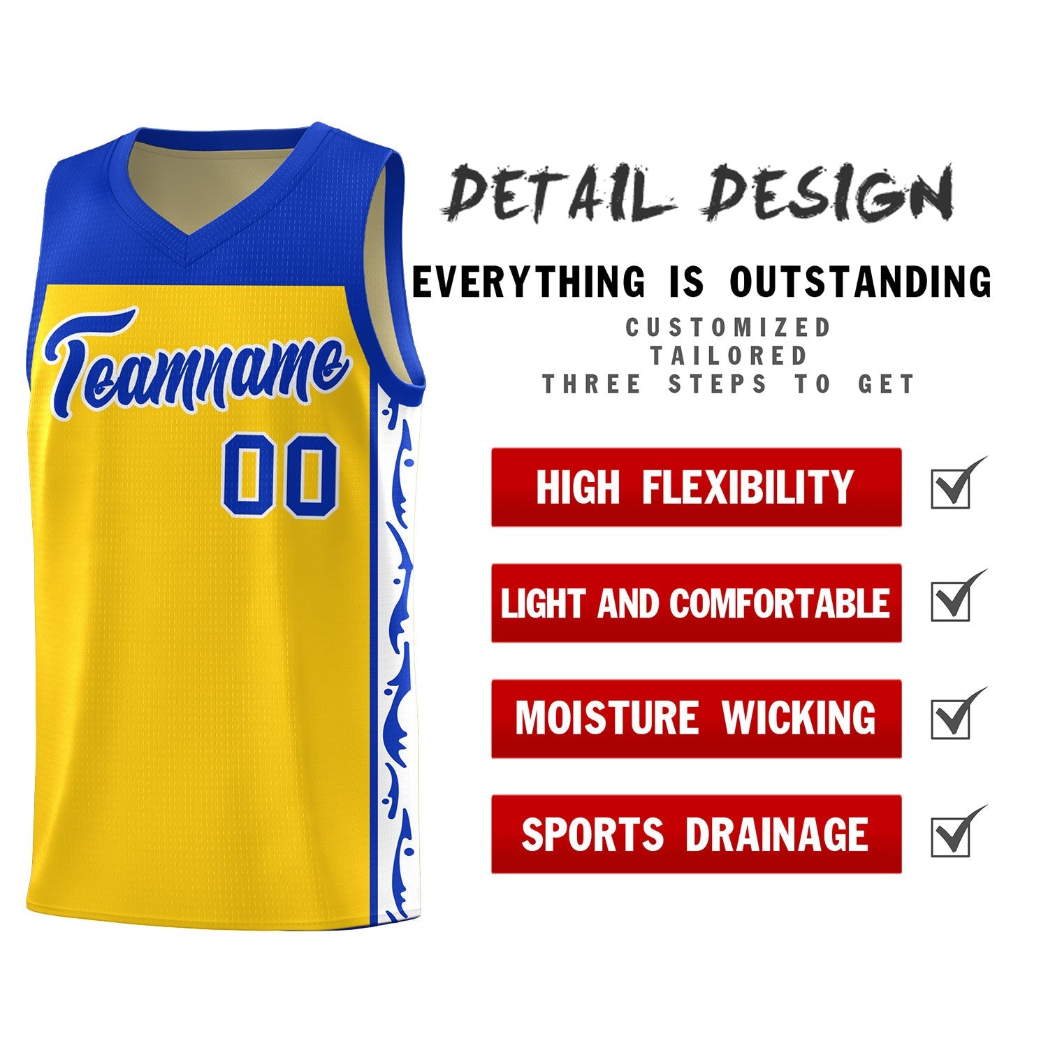 Custom Gold Side Pattern Sports Uniform Basketball Jersey
