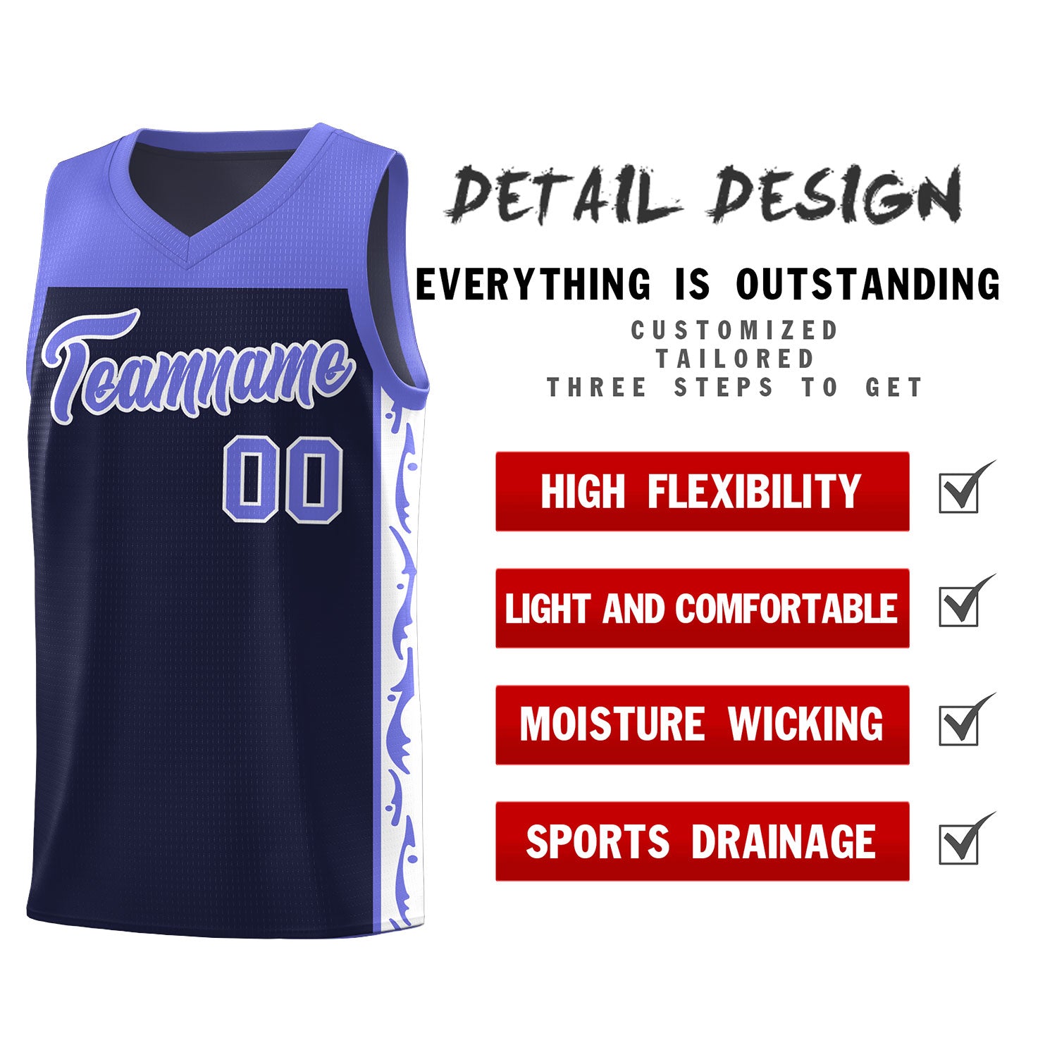 Custom Navy Side Pattern Sports Uniform Basketball Jersey