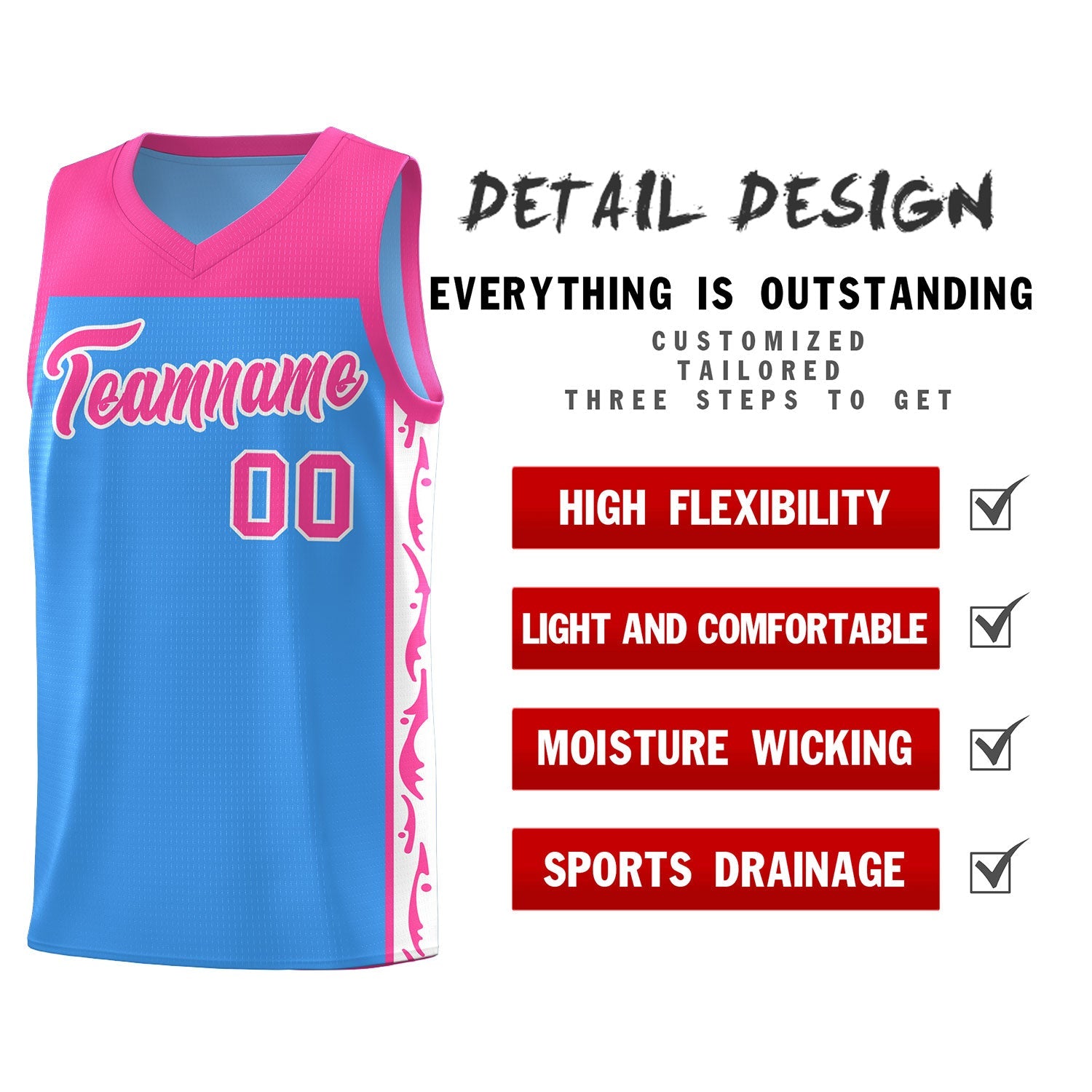 Custom Light Blue Side Pattern Sports Uniform Basketball Jersey