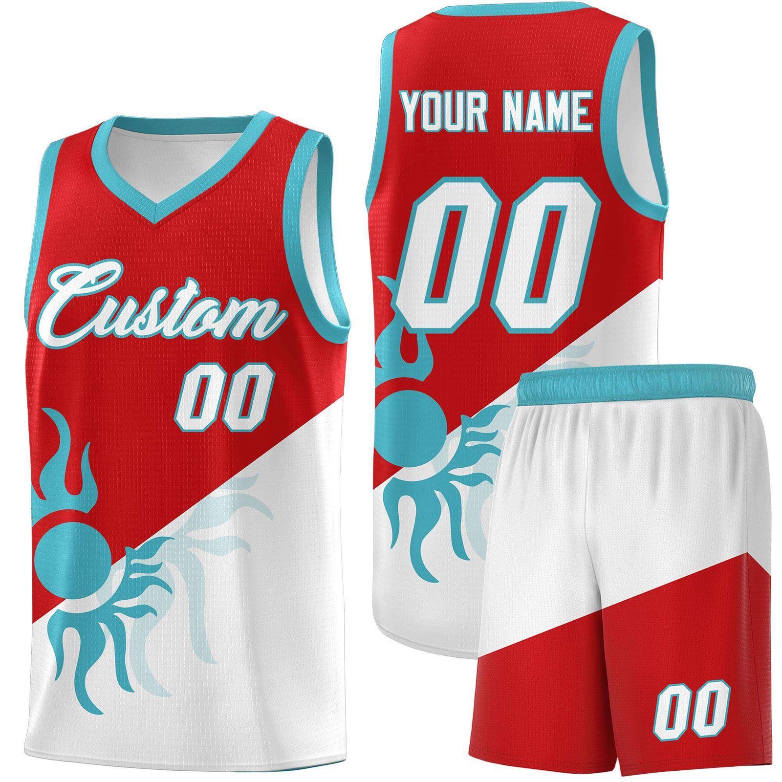 Custom Youth Basketball Jerseys - Red White Radiant Sun Design Two Tone Uniforms