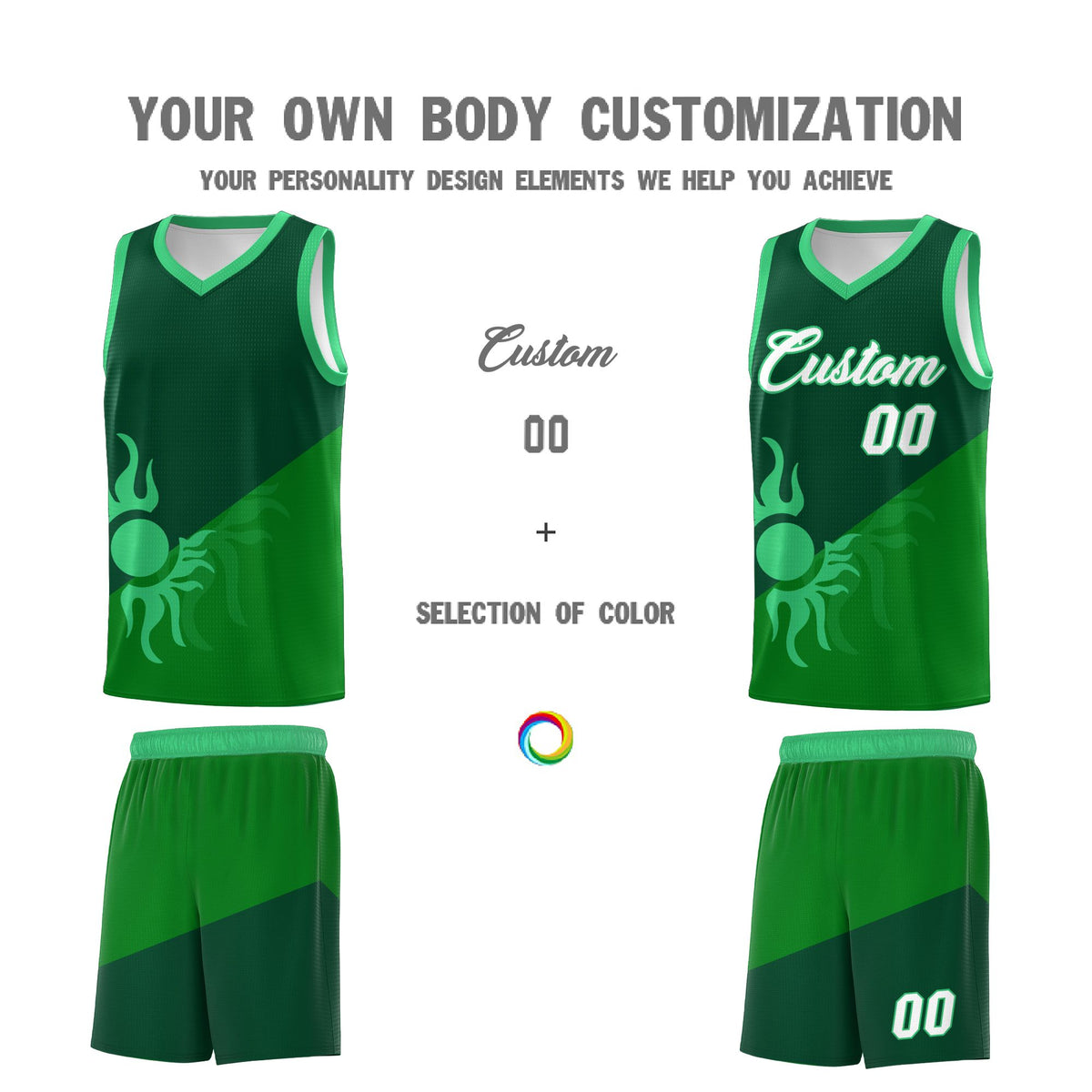 Custom Youth Basketball Jerseys - Kelly Green Kelly Green Sunburst Design Two Tone Uniforms