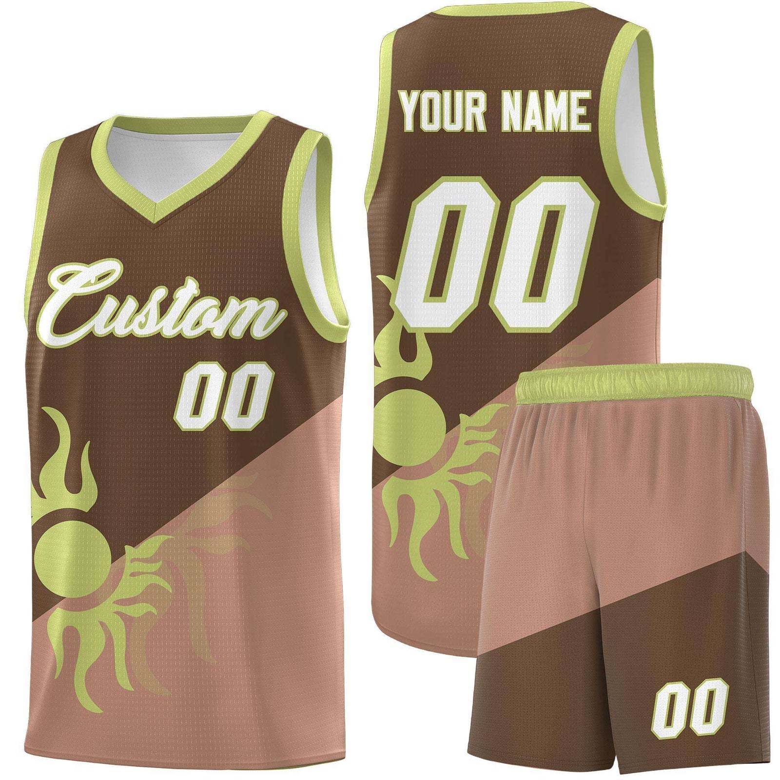 Custom Youth Basketball Jerseys - Coffee Light Brown Radiant Sun Design Two Tone Uniforms
