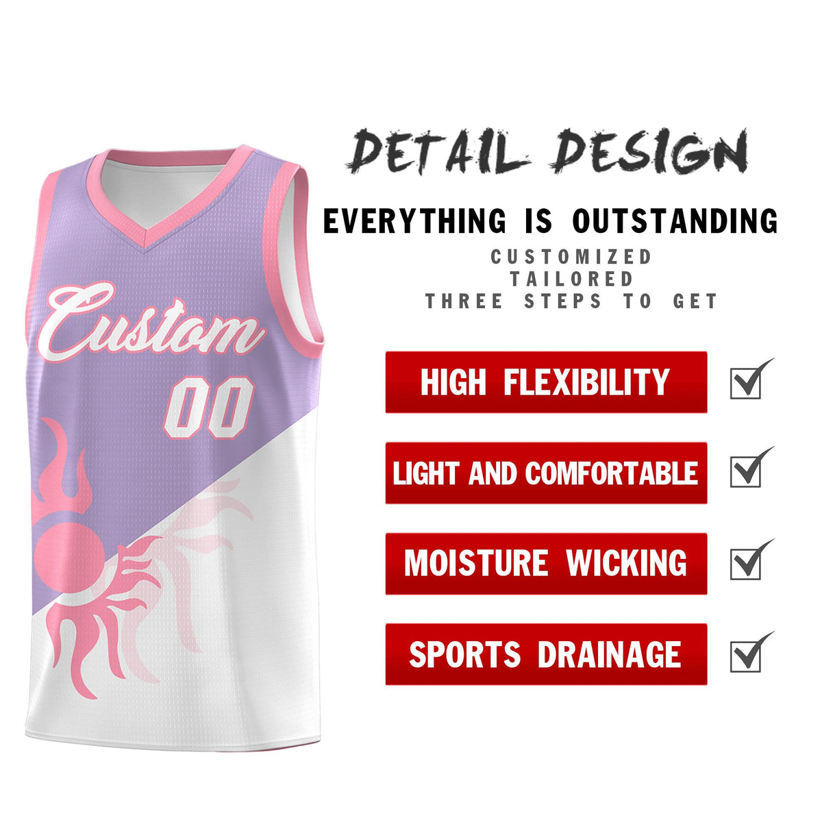 Custom Youth Basketball Jerseys - Light Purple White Radiant Sun Design Two Tone Uniforms