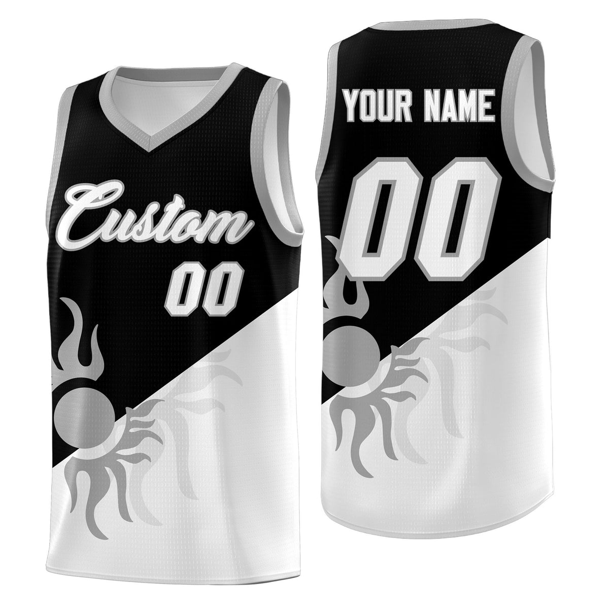 Custom Youth Basketball Jerseys - Black White Radiant Sun Design Two Tone Uniforms
