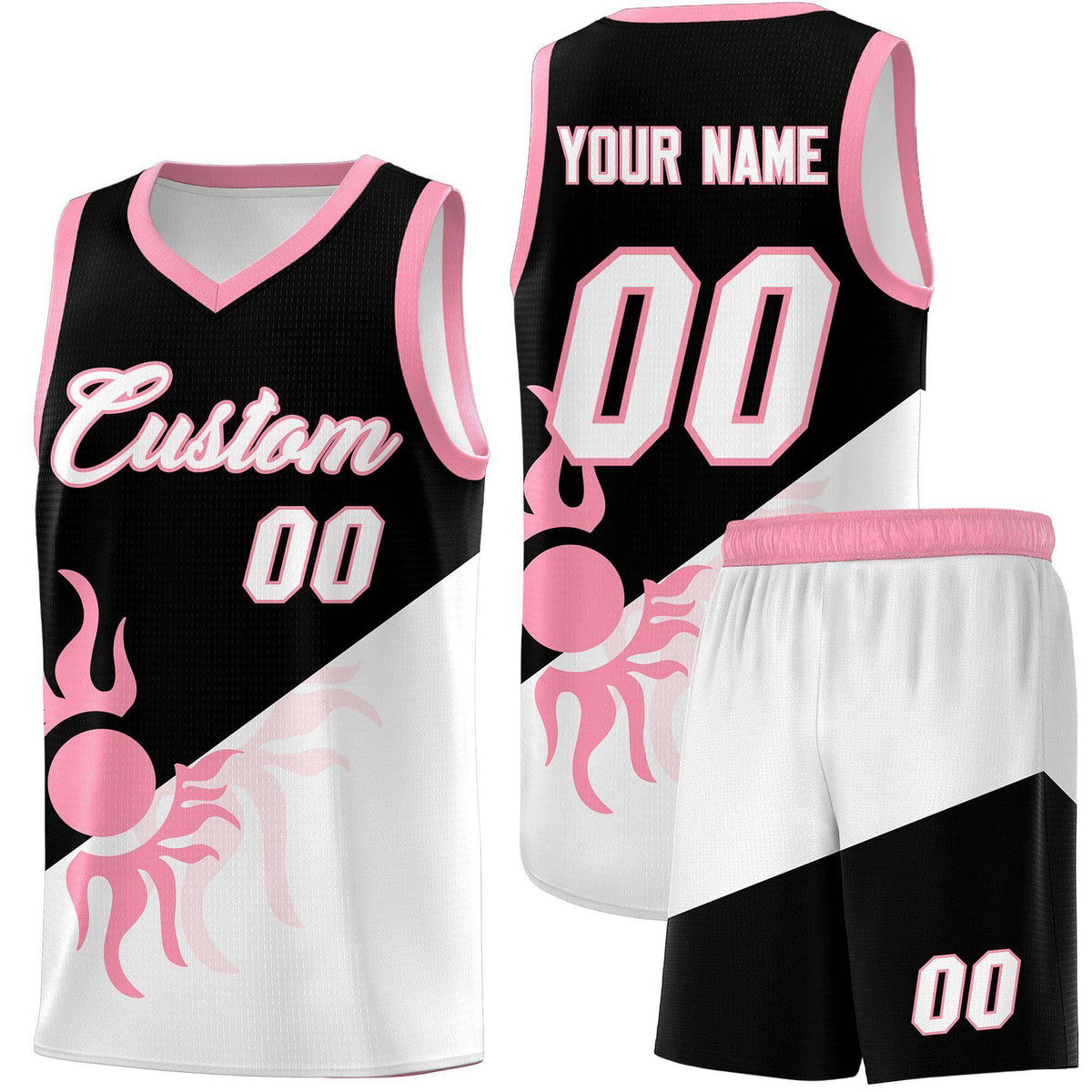 Custom Youth Basketball Jerseys - Black White Sunburst Design Two Tone Uniforms