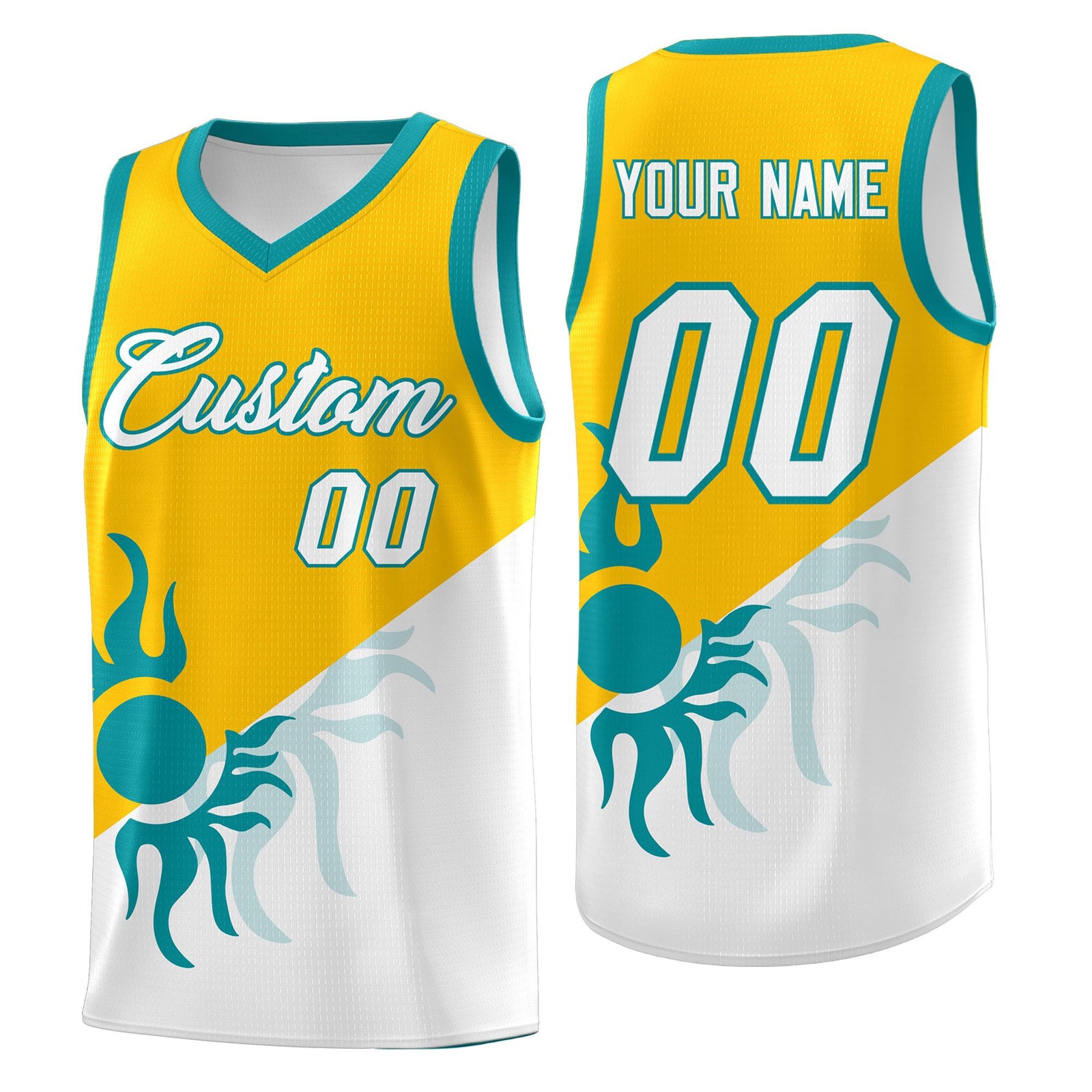 Custom Youth Basketball Jerseys - Yellow White Sunburst Design Two Tone Uniforms