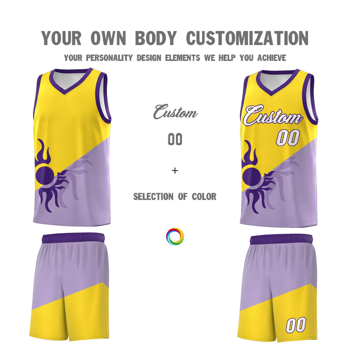 Custom Youth Basketball Jerseys - Light Purple Gold Sunburst Design Two Tone Uniforms
