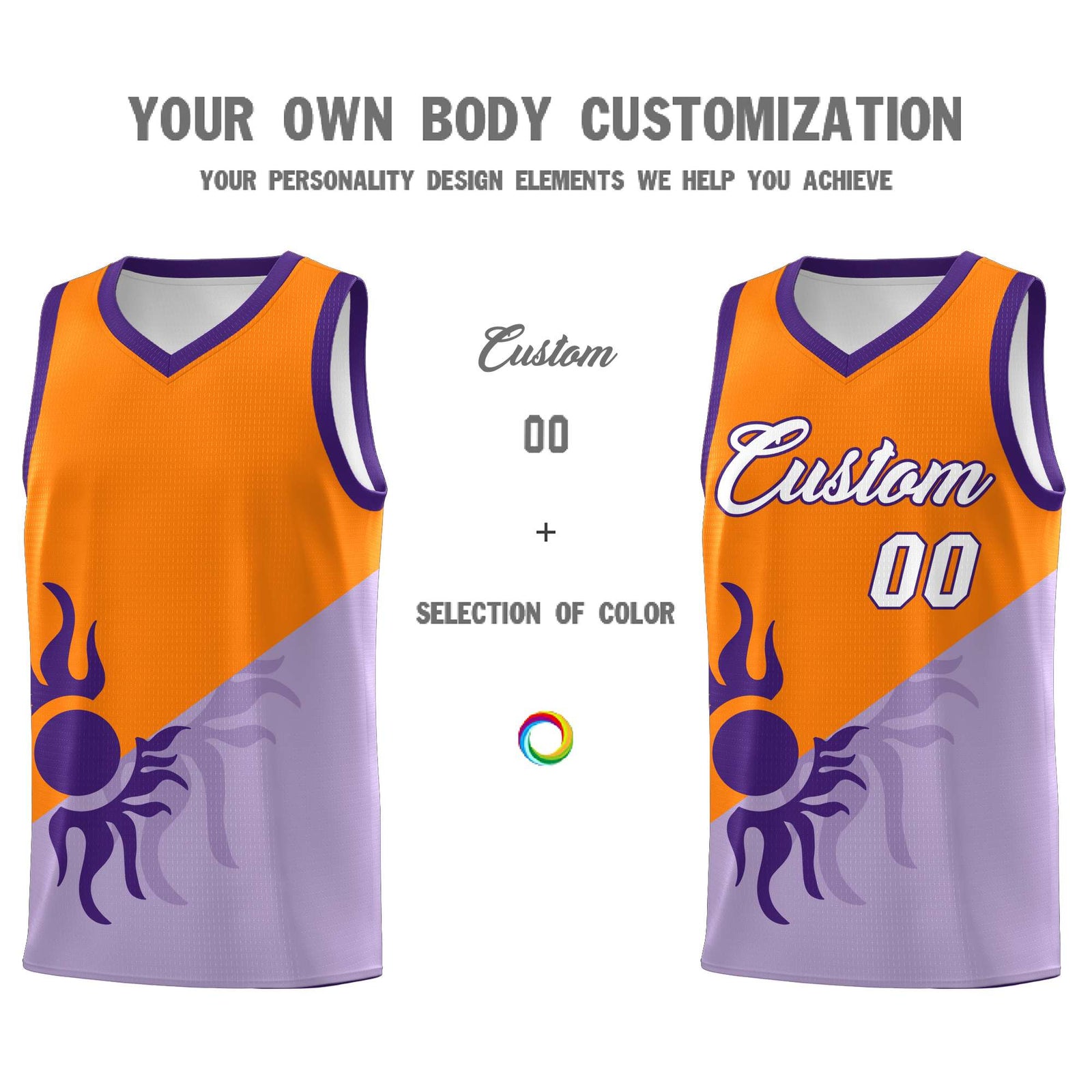 Custom Youth Basketball Jerseys - Light Purple Orange Radiant Sun Design Two Tone Uniforms