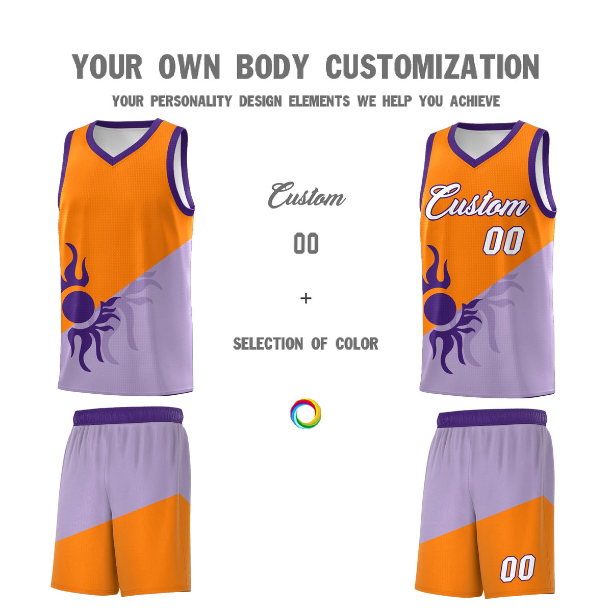 Custom Youth Basketball Jerseys - Light Purple Orange Radiant Sun Design Two Tone Uniforms