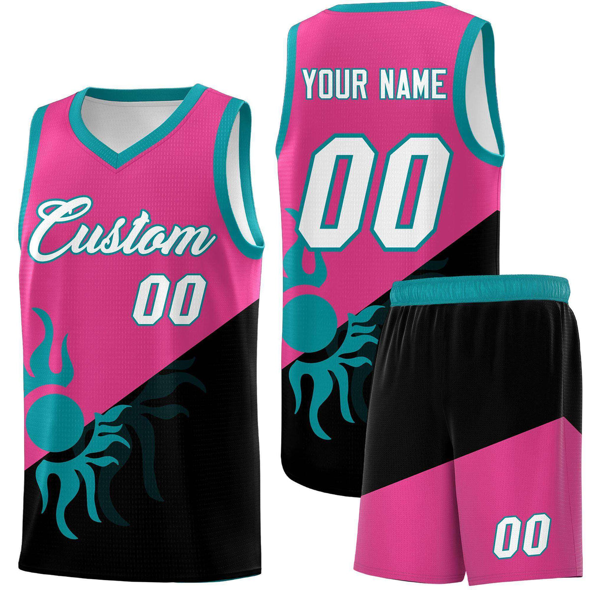 Custom Youth Basketball Jerseys - Rose Red Black Sunburst Design Two Tone Uniforms