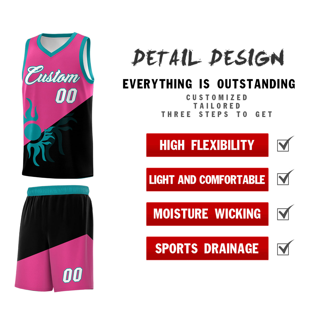 Custom Youth Basketball Jerseys - Rose Red Black Sunburst Design Two Tone Uniforms