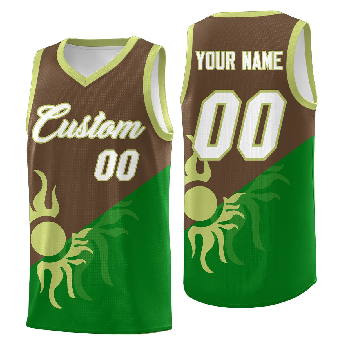 Custom Youth Basketball Jerseys - Kelly Green Light Brown Sunburst Design Two Tone Uniforms