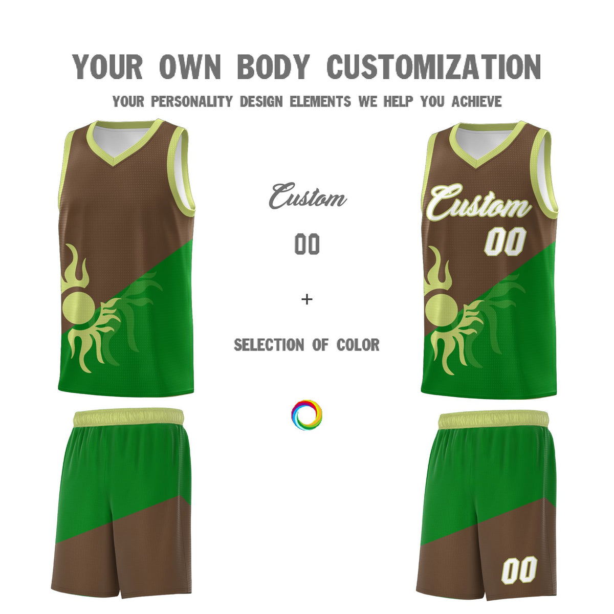 Custom Youth Basketball Jerseys - Kelly Green Light Brown Sunburst Design Two Tone Uniforms
